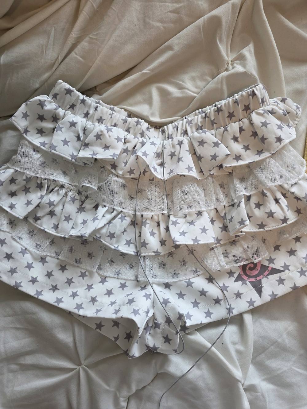 womens tiered bloomer shorts with star and lace accents
